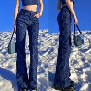 Aellinatey Women High Waist Straight Jeans Pants Asymmetrical Plaid Floral Denim Trousers