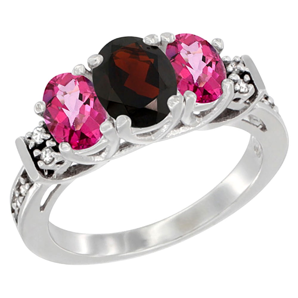 10K White Gold Natural Garnet & Pink Topaz Ring 3-Stone Oval Diamond Accent, sizes 5-10 by WorldJewels