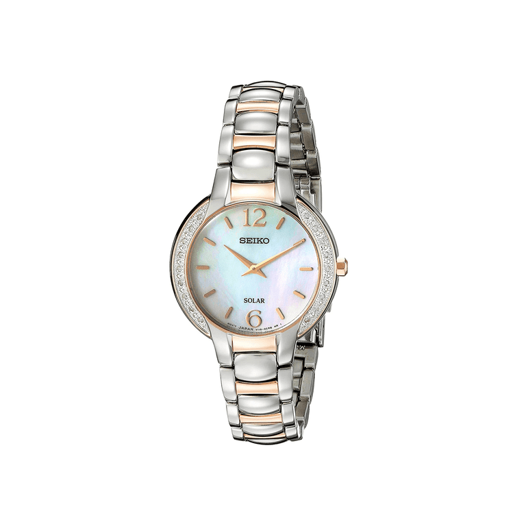 Seiko Solar Ladies Watch Crystal Embellishments Pearl Dial Two-Tone Bracelet Seiko Women main image 4