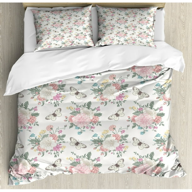 Shabby Chic Queen Size Duvet Cover Set, Peonies Sweet Peas Roses