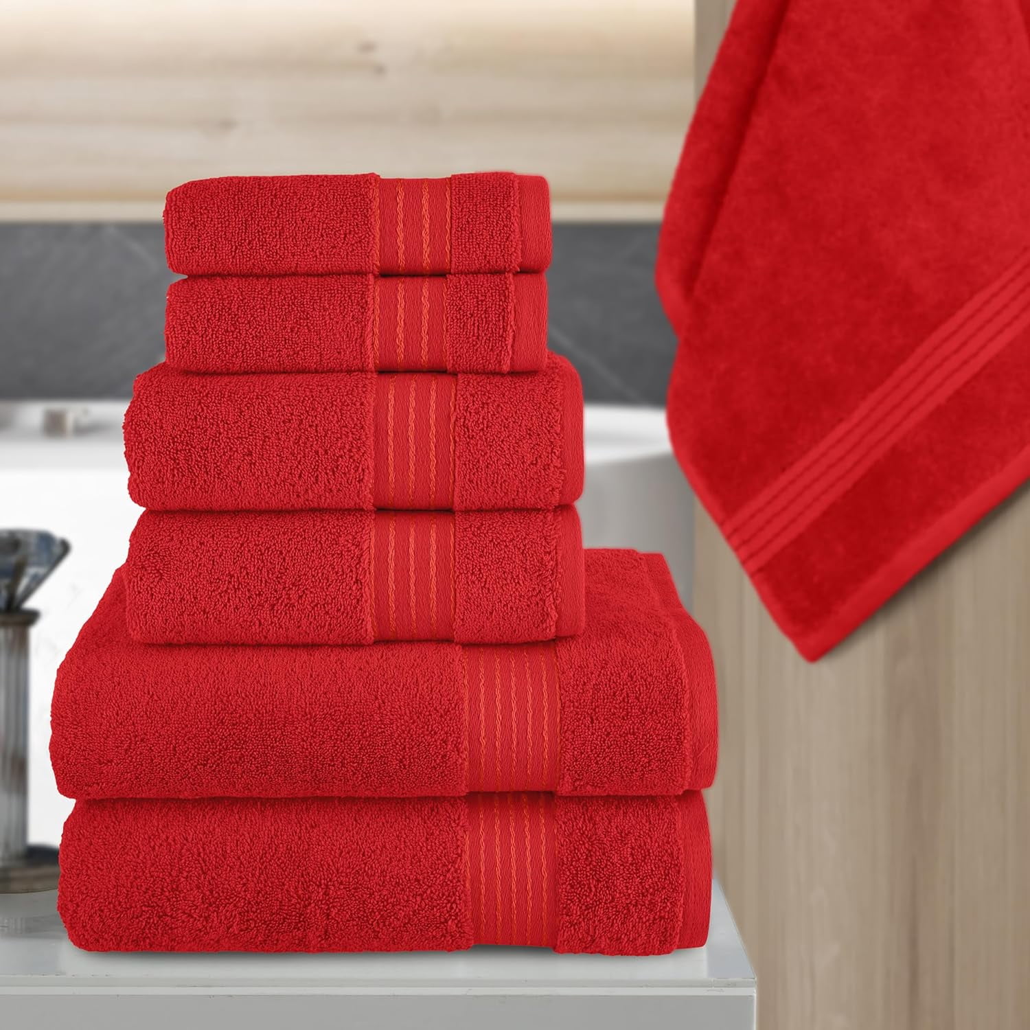 6 Piece Towel Set, 100% Turkish Cotton Soft Absorbent Towels for Bathroom, 2 Bath Towels 2 Hand Towels 2 Washcloths, Red