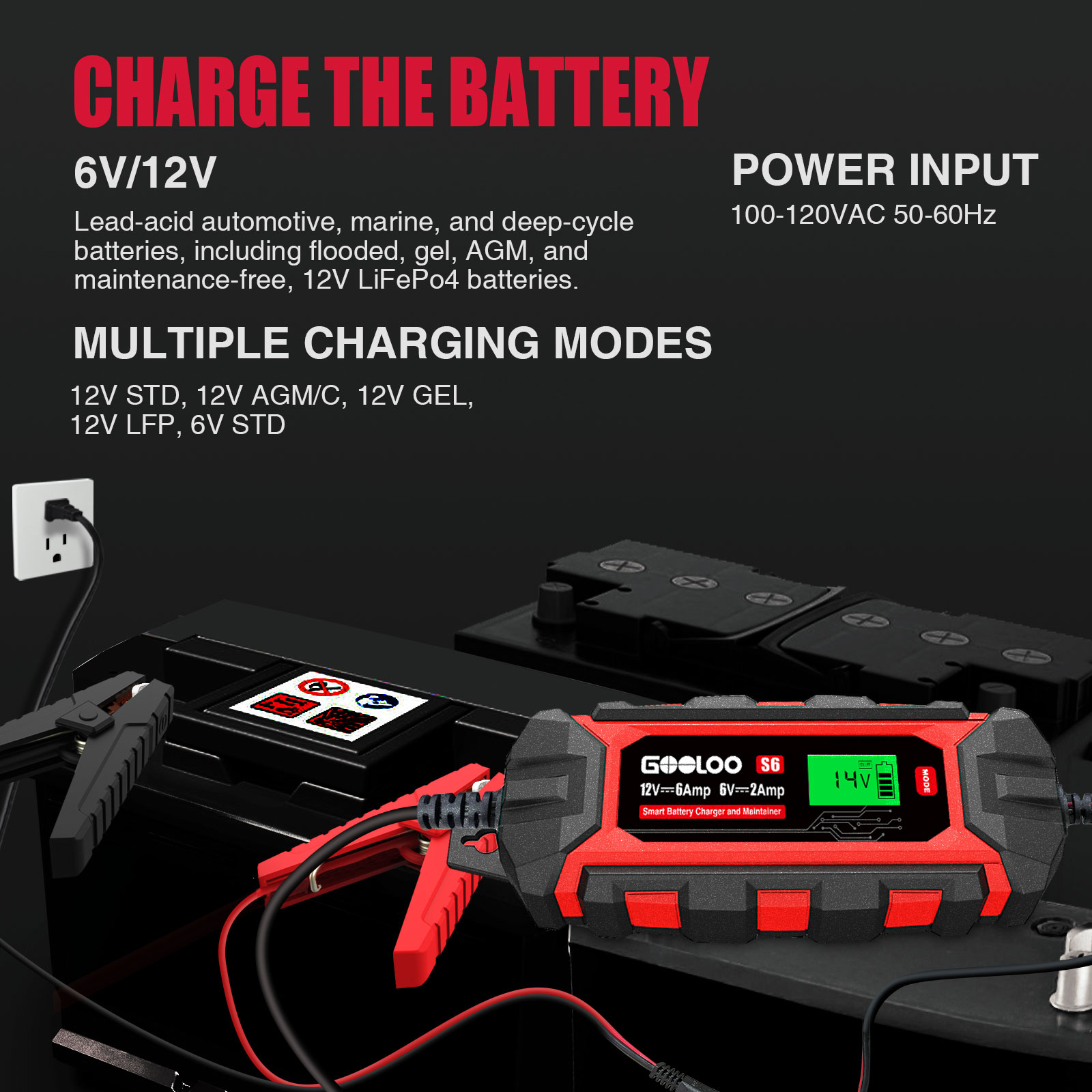 GOOLOO 6A Automotive Battery Charger,6-Amp 6V 12V(Up to 150Ah)Battery Charger and Maintainer Smart Trickle Charger Portable with LCD Display Pulse Repair for Vehicles