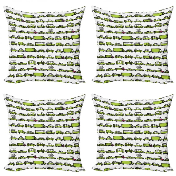 Ambesonne Cars Throw Pillow Cover 4 Pack, Sedans Bus Traveling Theme, 16", Apple Green