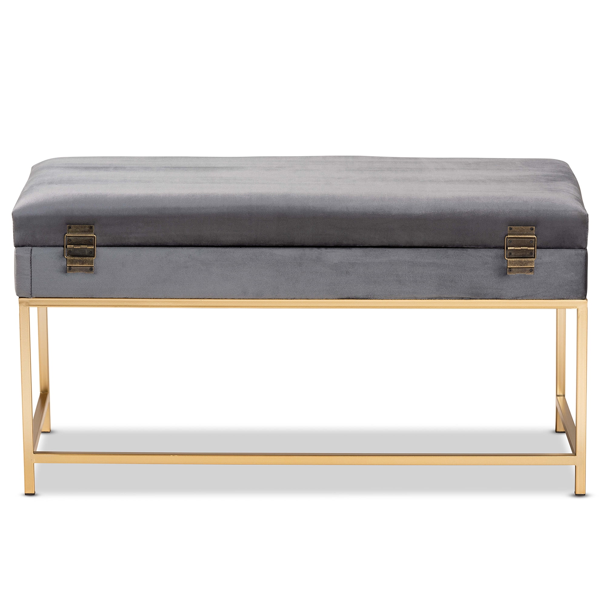 Baxton Studio Aliana Glam and Luxe Grey Velvet Fabric Upholstered and Gold Finished Metal Large Storage Ottoman