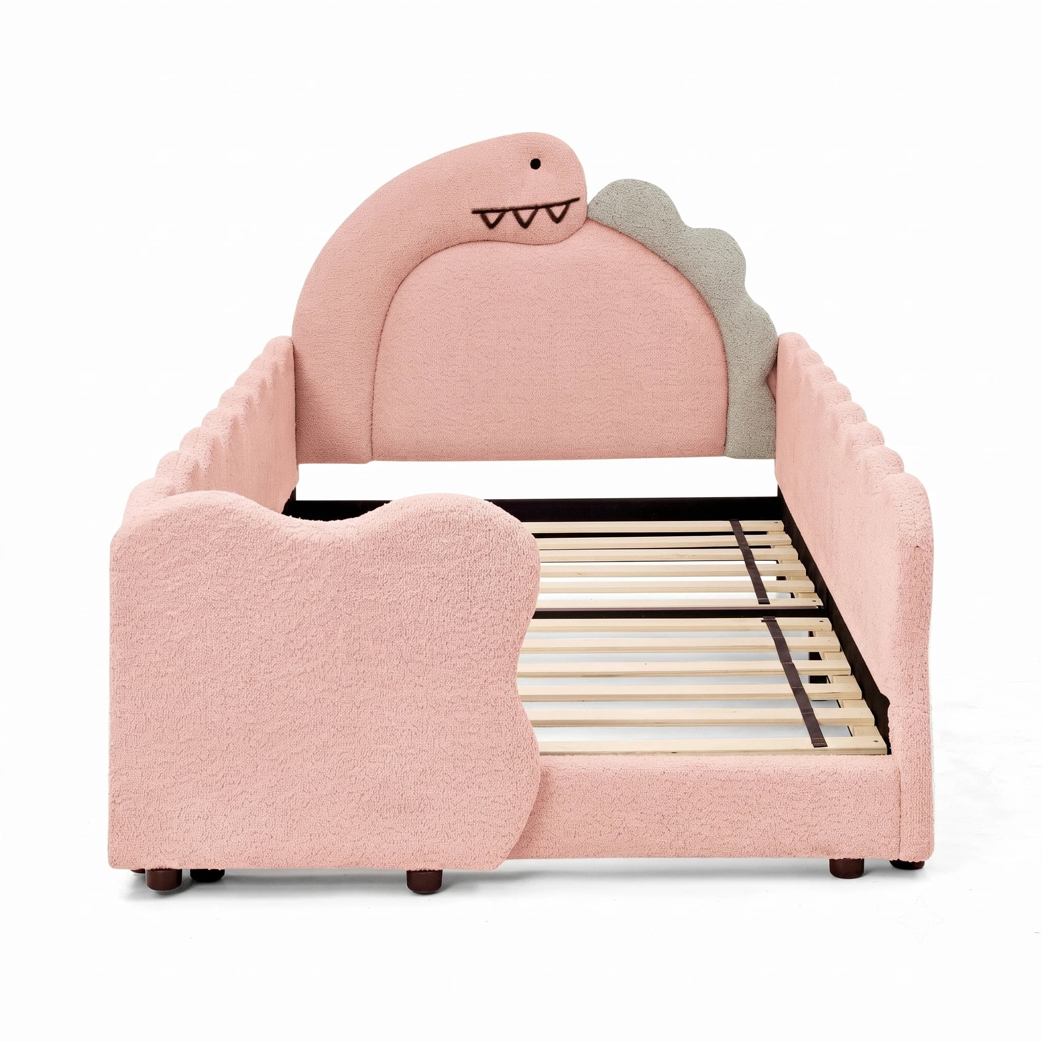 AISWORD Twin Size Kids Bed with Dinosaur Headboard, Upholstered Daybed with Slats Support & Side Pocket, Space-Saving Wooden Corner Sofa Bed, Pink