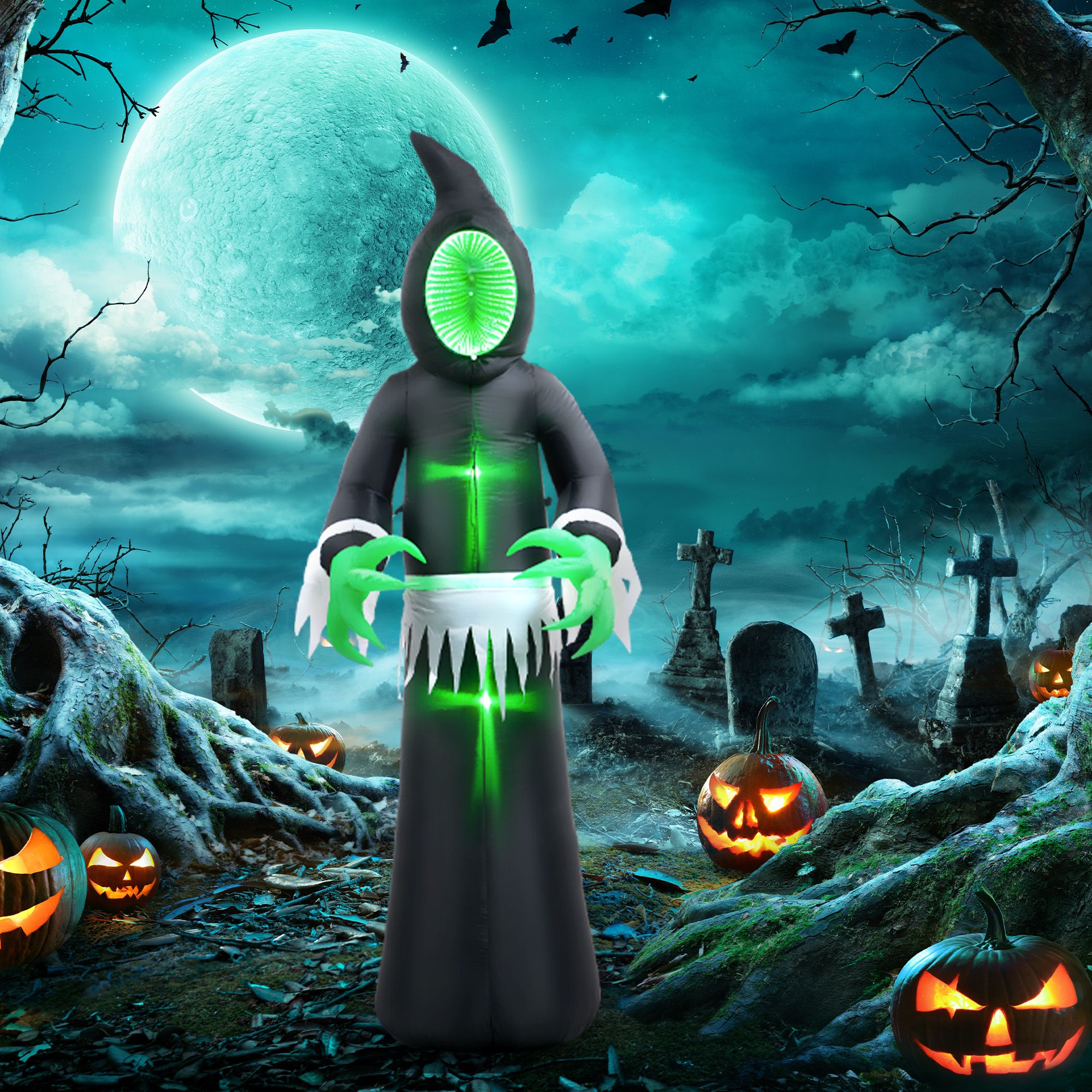 96.5IN Inflatable Mirror Face Ghost Halloween Decor with LED Lights Waterproof Polyester Blow Up Yard Ornament