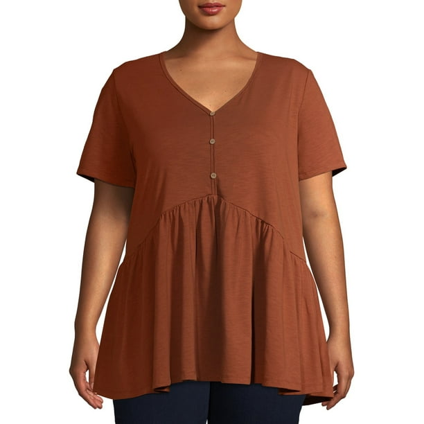 Terra & Sky - Terra & Sky Women's Plus Size Knit Babydoll Henley Top 