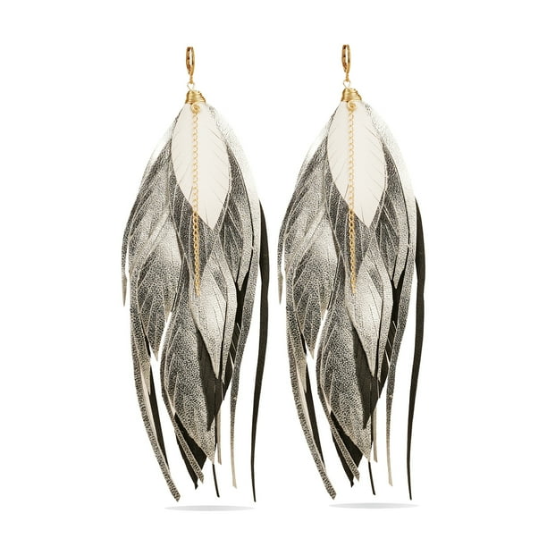 VANGANIA Aretes largos mujer de plumas joyería fina ideal en regalos para mujer