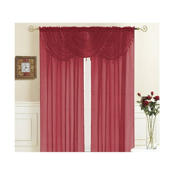 Sheer Valance Rod Pocket, Lightweight Solid Sheer with Tassel Fringe Border, Single Window Waterfall Valance, 36" x 35", Lisa (Red)
