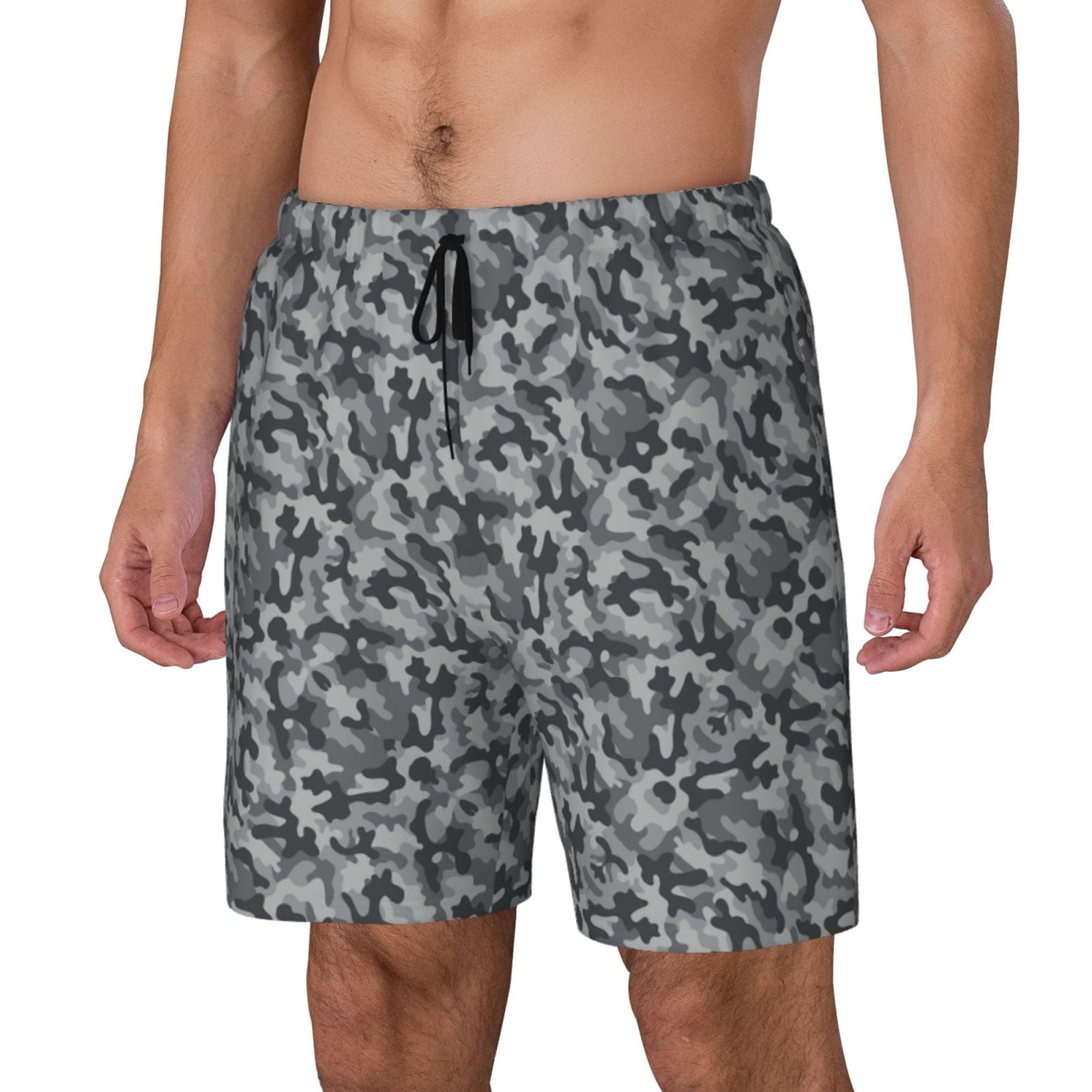 Men's Grey Camouflage Print Swim Trunks with Compression Liner Bathing Suit Swimwear