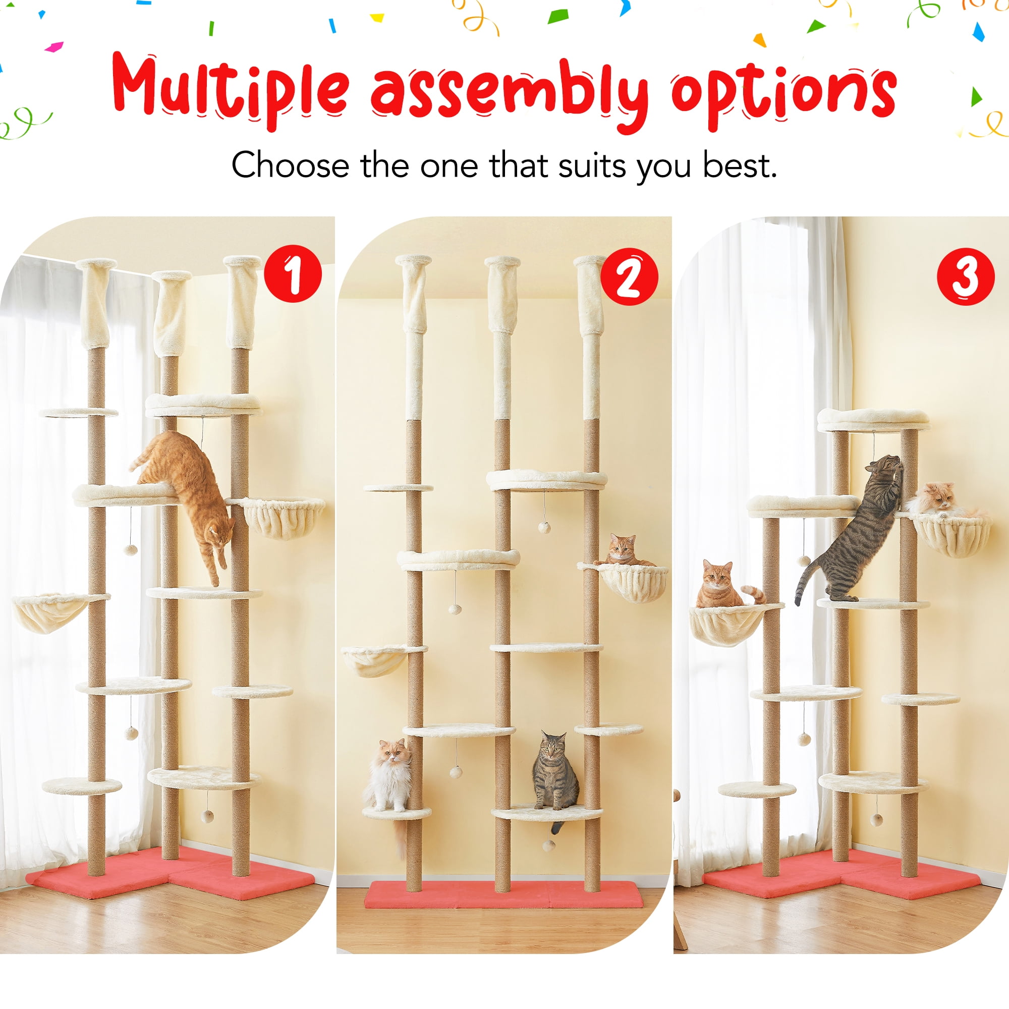 Floor to Ceiling Cat Tree, Tall Cat Tower Adjustable Height (88”-114”=223-290CM), 6-Tier Cat Climbing Tower with 18 Fully Sisal Scratching Posts,Beige