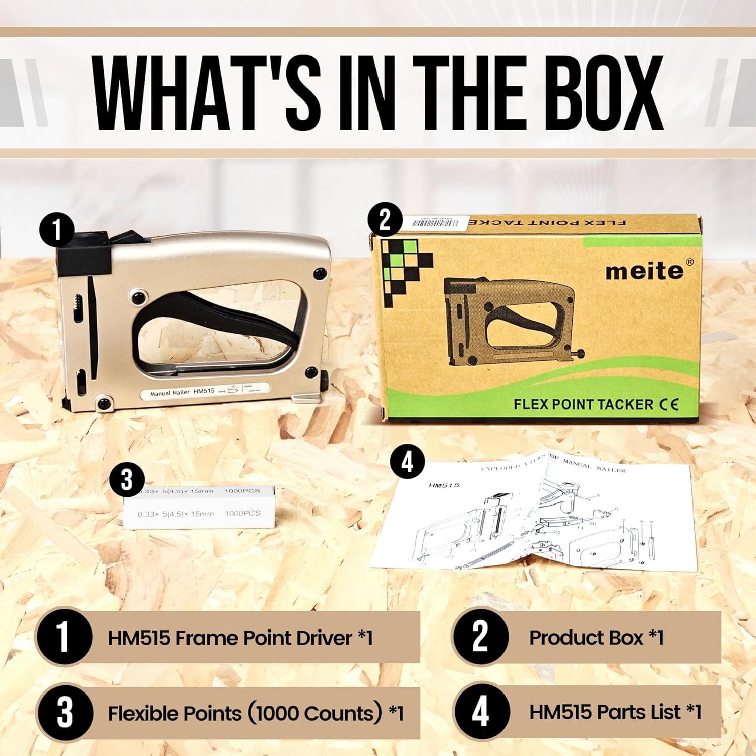 MEITE HM515 Manual Point Driver Stapler for Picture Framing with 1000 Flexible Point Nails