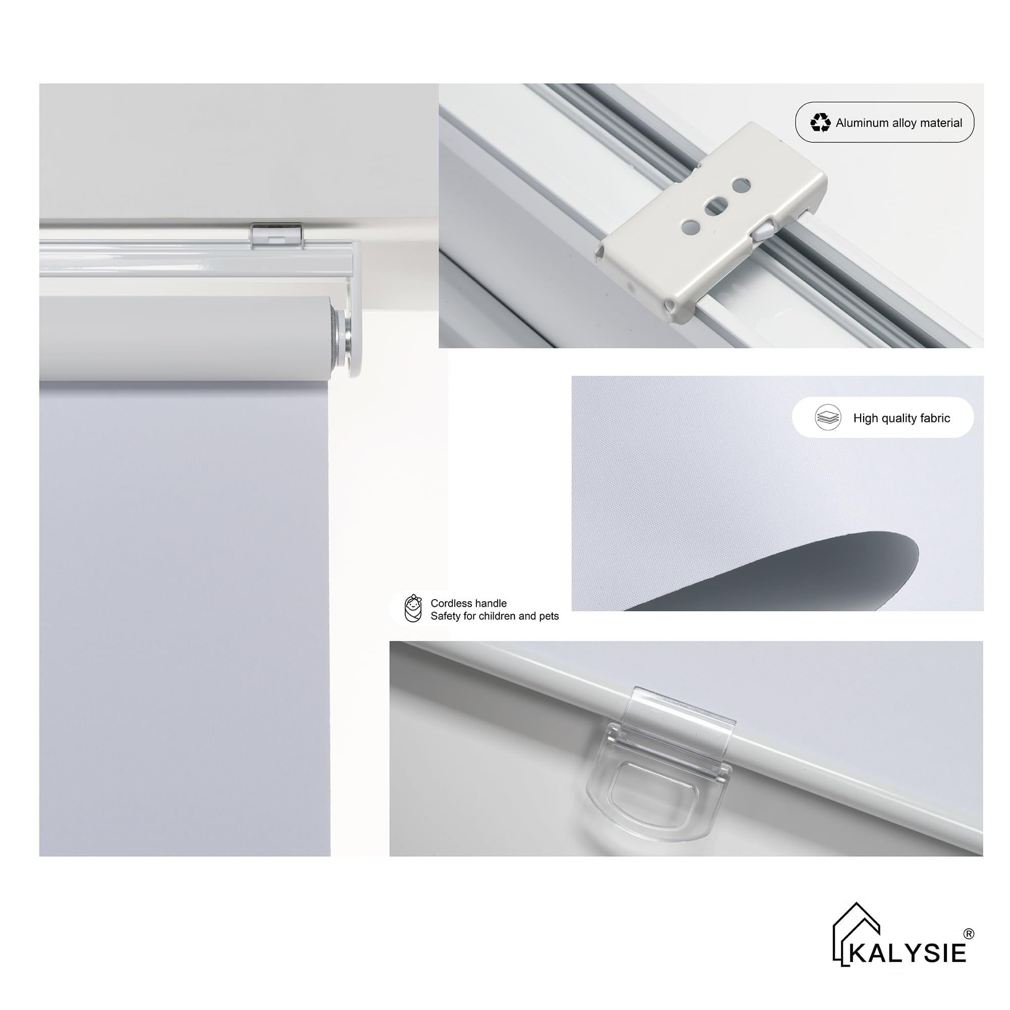 KALYSIE Cordless Roller Shades 100% Blackout Blinds for Windows and Doors, Pull Down Room Darkening Window Shades, Easy to Install for Home and Office, White, Fixed 75 Inches High, 48 Inches Width