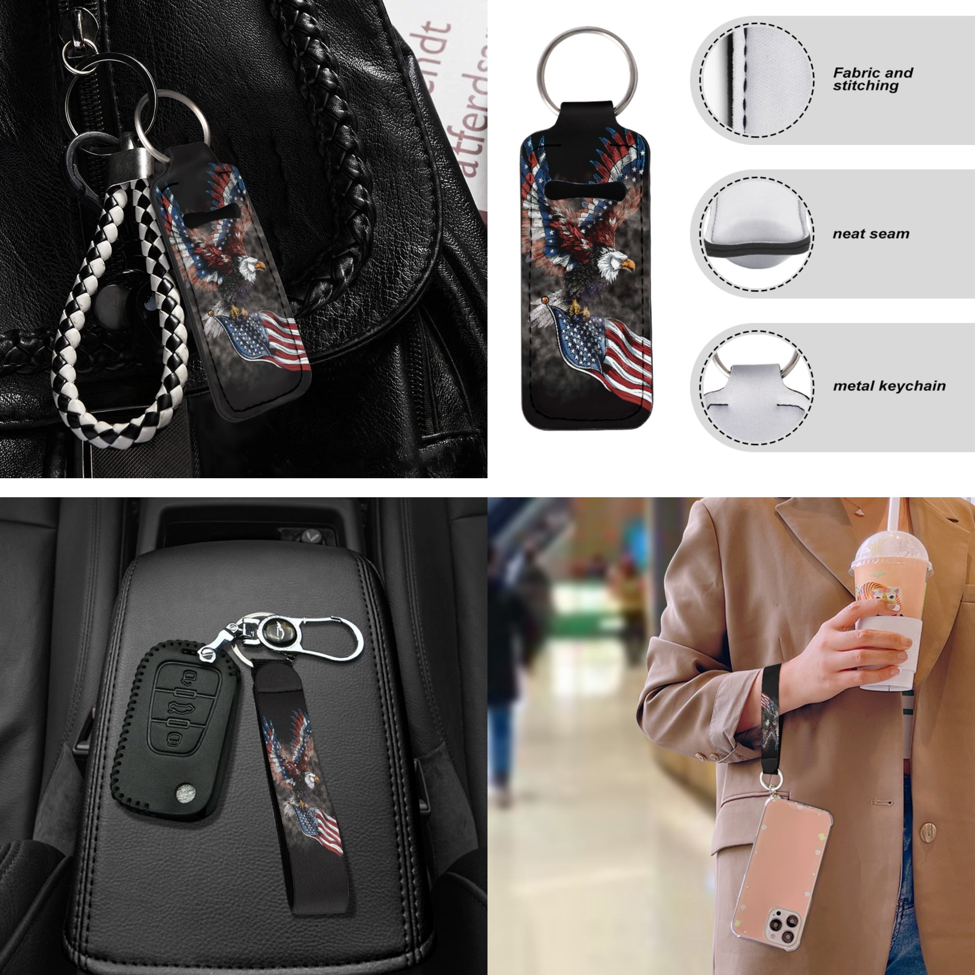 Jeiento Eagle Car Seat Cover Full Set with American Flag Floor Mats Steering Wheel Cover Seatbelt Pad Armrest Cover Coasters Keychains Lipstick Holder Universal Auto Interior Accessories Set of 17