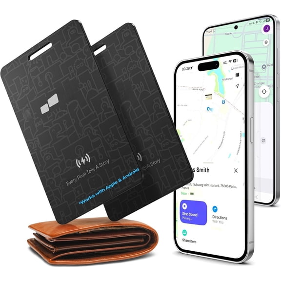 2026 Mobile Pixels Wallet Card, Works with (iOS and Android), Ultra Slim Rechargeable , Key Finder, Portable Item Locator for Wallet, Bags, Luggage (2- Pack)