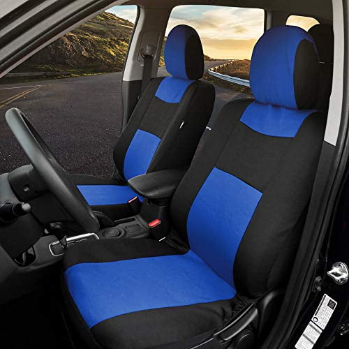 Black/Blue BDK Two-Tone PolyCloth Car Seat Covers w/Motor Trend Dual-Accent Heavy Duty Rubber Floor Mats 