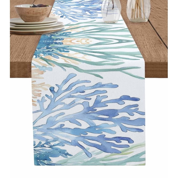 Ocean Botanical Table Runner 48 Inches, Summer Coastal Sea Blue Green Coral Bed Runner Dresser Scarves Tabletop for Indoor Outdoor Parties/Ceremony/Banquet, 13" x 48"