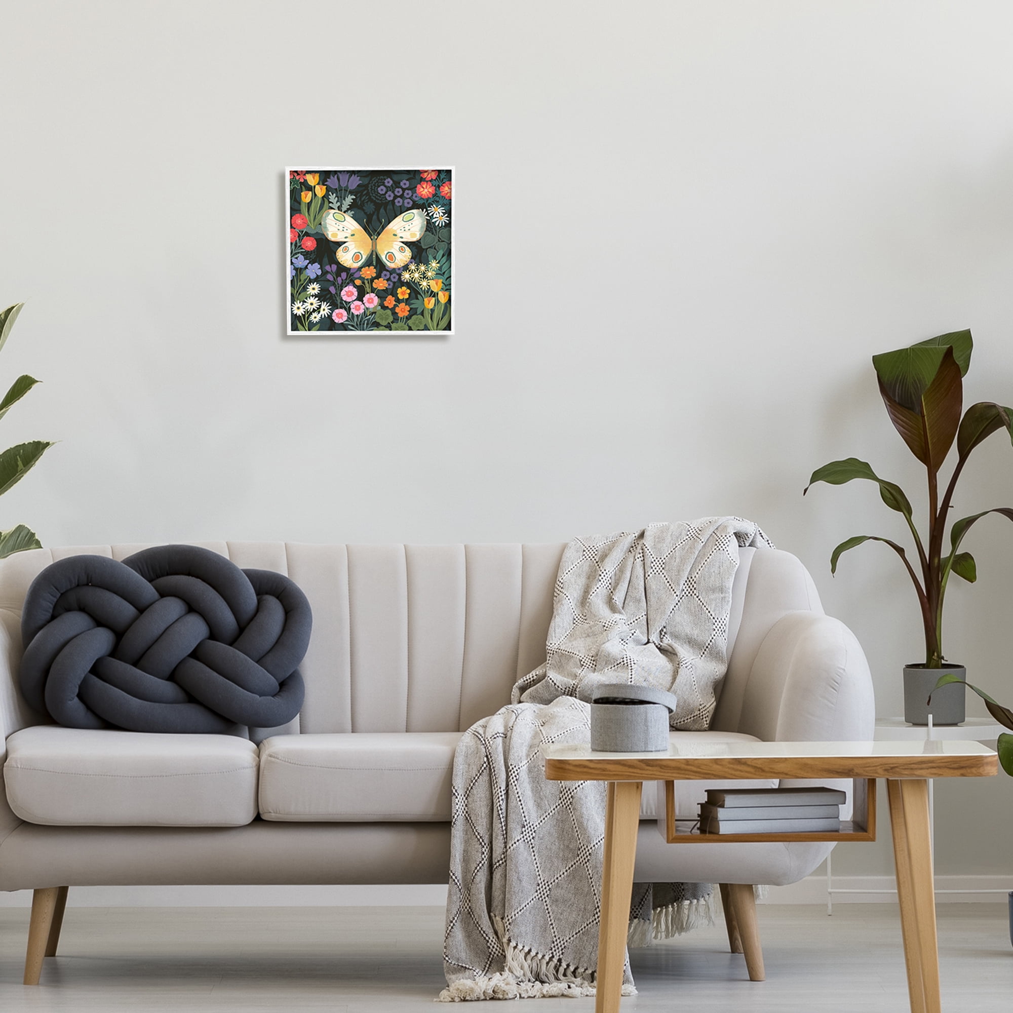 Stupell Industries Garden Pattern & Butterfly Botanical & Floral Painting White Framed Art Print Wall Art, 12 x 12