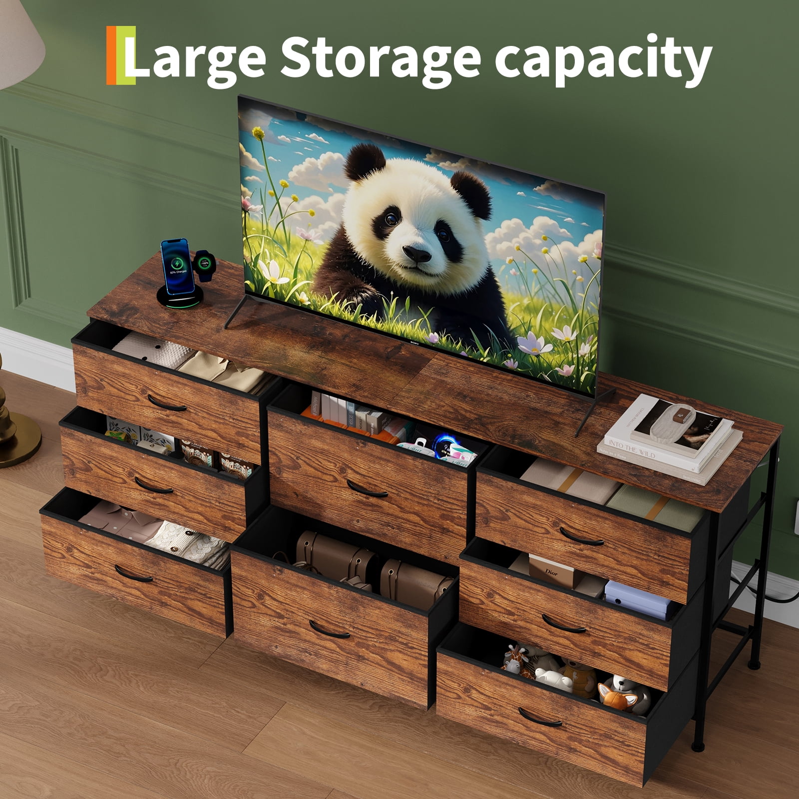 PYY 8-Drawer Wide Fabric Dresser TV Stand for Bedroom, Living Room and Home Office - 63" Storage Chest with Wooden Top, Metal Frame, Fits Up to 75" TV, Modern Organization Cabinet - Brown