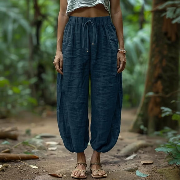 Nestiefly Womens Wide Leg Linen Pants Summer High Waisted Harem Pants Casual Cotton Baggy Trousers with Pockets Navy S