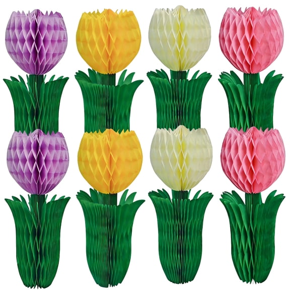 8 Pcs Tulip Honeycomb Decorations, 7.9 x 3.1 in / 20 x 8 cm Paper Flower Centerpieces, Yellow Pink Beige Wisteria Spring Decor for Birthday Parties, Mother's Day, Home & Office