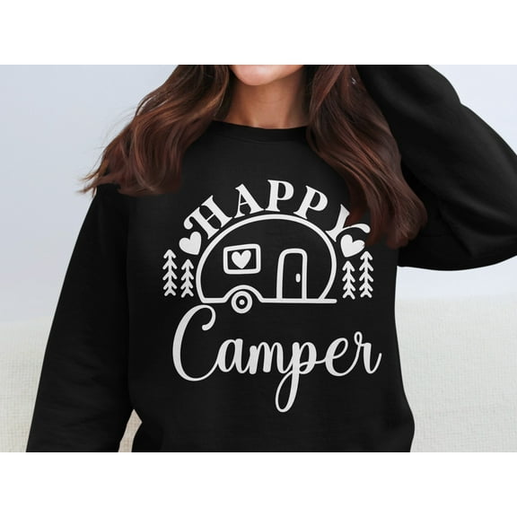 Happy Camper Sweatshirt, Cute Camping Pullover, Outdoor Adventure Sweater, Cozy Travel Hoodie, Comfy Nature Lover's Top (S, Black)