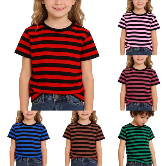 RUTAYY Girls Crew Neck Striped T-Shirt Horizontal Stripe Short Sleeve Fashion Tee Red