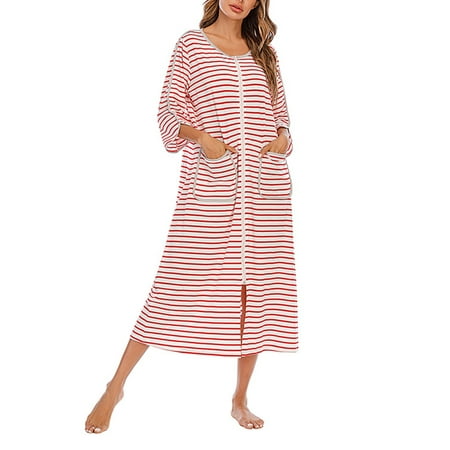 

Women Plus Nightgowns Striped Sleep Dress Short Sleeve Half Sleeve Zipper Front Nightdress