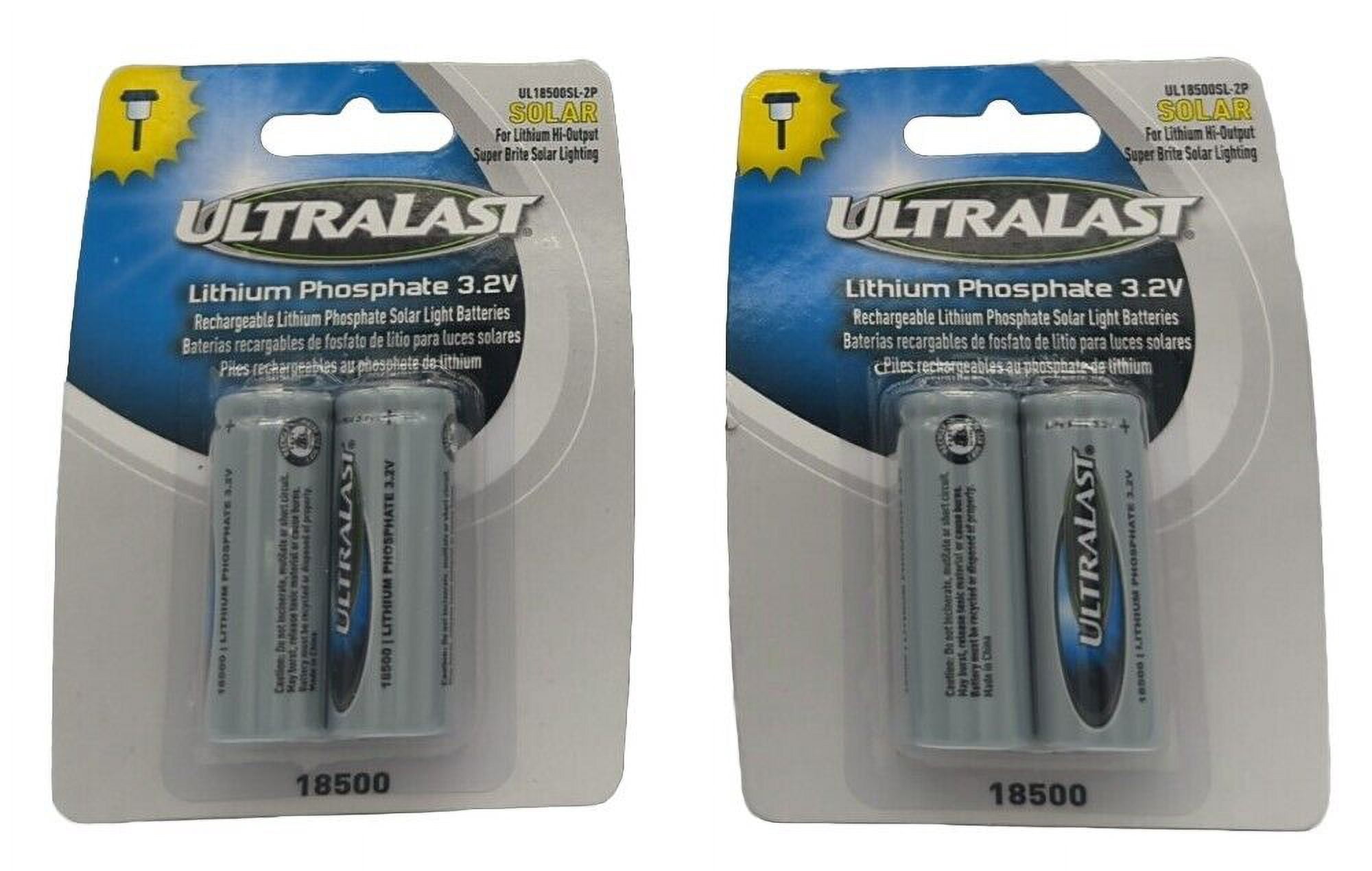 ULTRALAST High-Capacity 18500 LiFePO4 Batteries, 3.2V 1000mAh, 4-Pack for Solar Lights