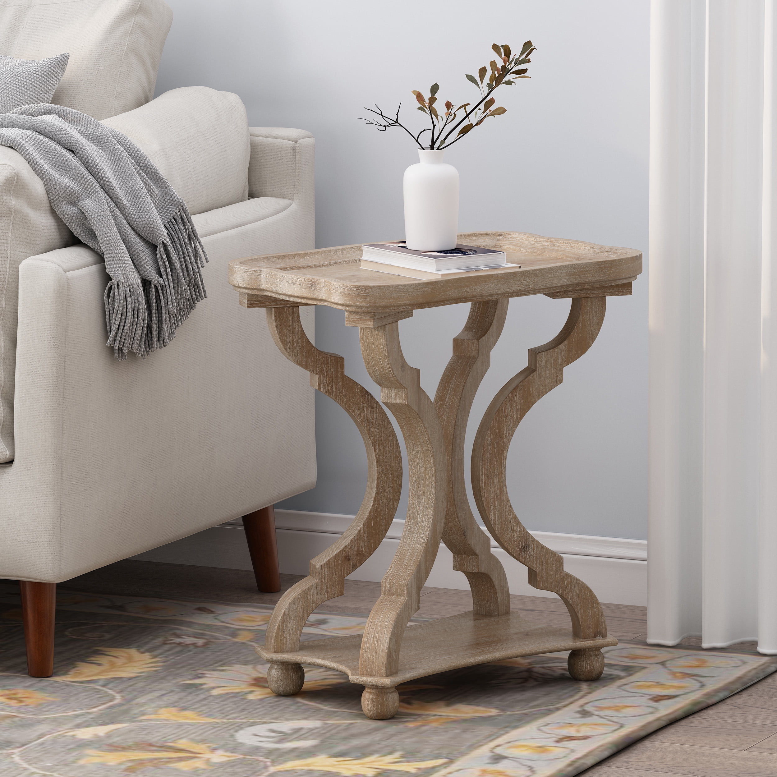 Noble House Ariyaan Fir Wood Accent Table, Distressed White, Natural