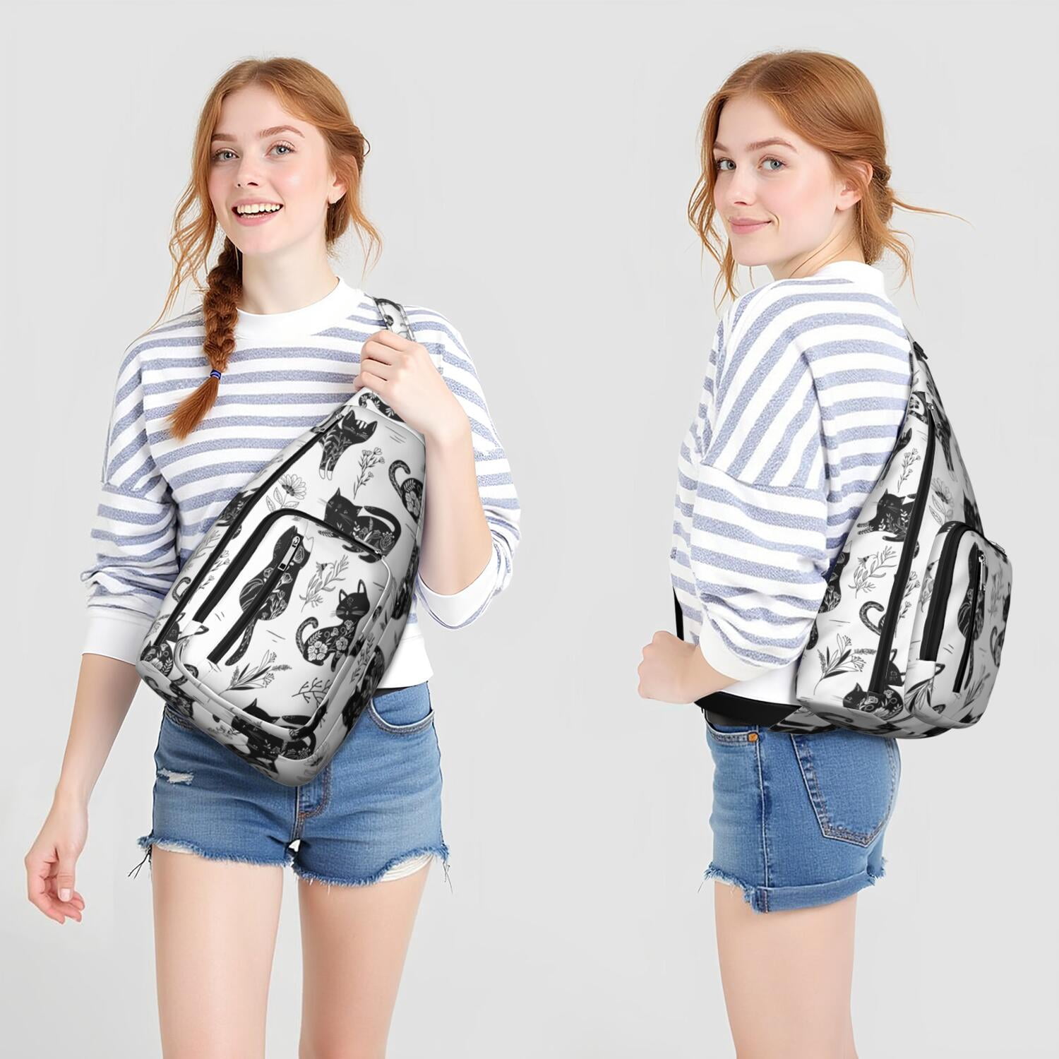 Pet Lover's Shoulder Bag - Hand-drawn Cat Graphic Sling Backpack (Lightweight Chest Bag, Easy Access Pockets)