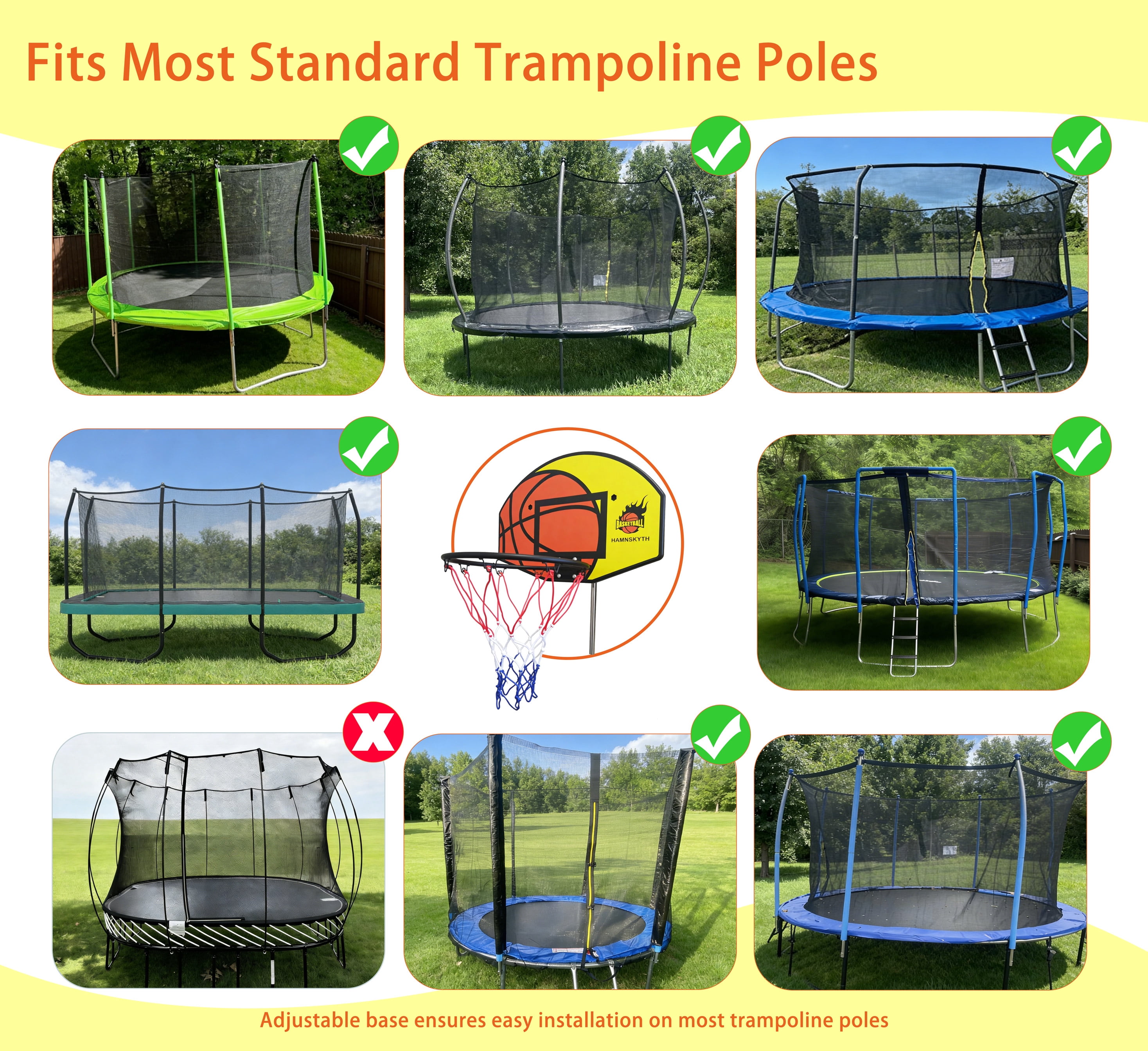 Hamnskyth Trampoline Basketball Hoop, Fits Most Straight & Curved Poles, Stainless Steel Angle-Adjustable Base, Includes Mini Basketball & Pump