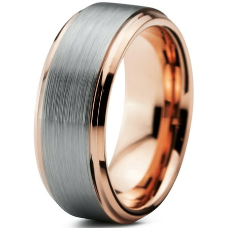 Tungsten Wedding Band Ring 8mm for Men Women Comfort Fit 18K Rose Gold Plated Plated Beveled Edge Brushed Polished Lifetime