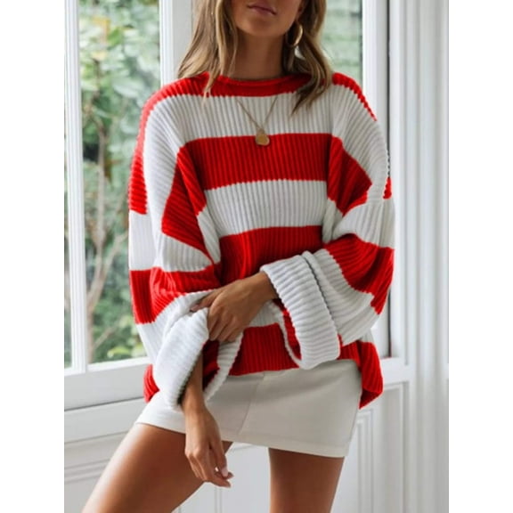 Plus Size Contrast Striped Round Neck Sweater – Full Size, Soft Knit, Slight Stretch