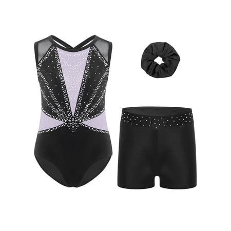 YiZYiF Girls 3Pcs Gymnastics Dance Suit Sparkle Cross Back Leotard with Shorts Activewear Dancewear Light Purple-A 6