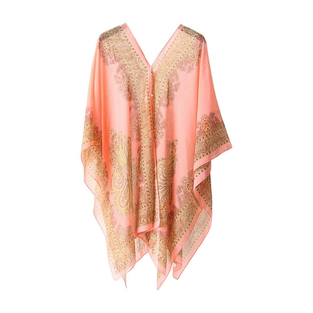 Mujeres playa gasa gasa cabo vestido accesorios estampado floral gasa cubrir Rojo Yuyangstore Envoltura de chal de gasa