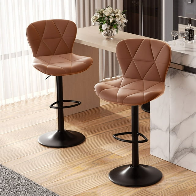 Hawsaiy Modern Bar Stools Set of 2, Adjustable Faux Leather Upholstered Swivel Bar Stools, Counter Height Bar Chairs with Back for Kitchen Island, Brown