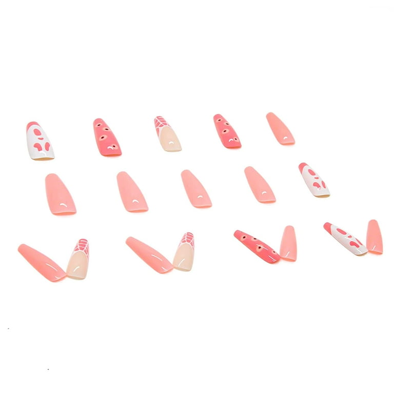 24 Pcs Halloween Coffin Shape Press on Nails,Medium Length Pink Ghost with  Spider Web Designs Ballet Fake False Nails with Glue,Nail Art for Women and  Girls Stick on Nails 
