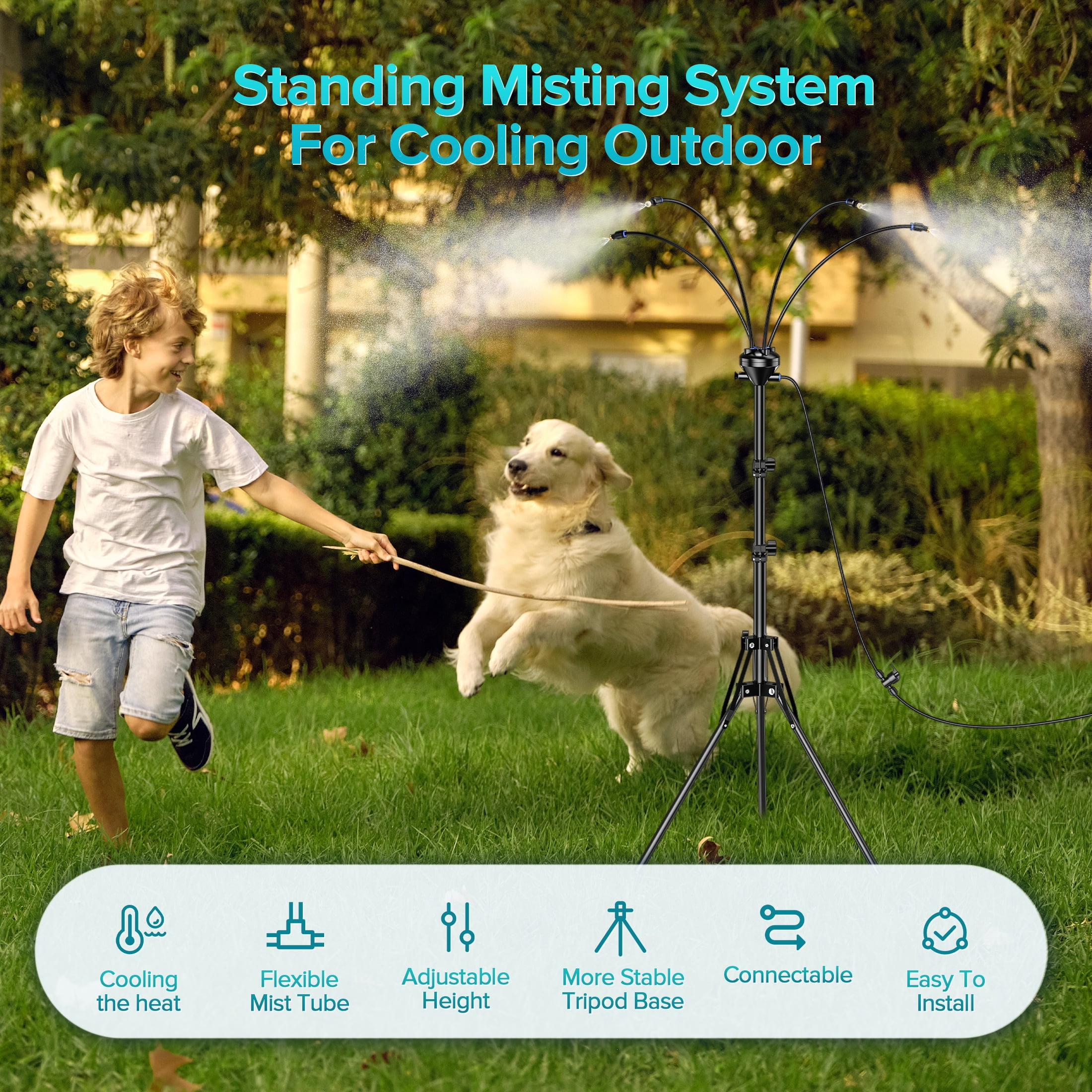 GokeLQ 64in Outdoor Mister for Patio Cooling, Mist System with 6 Nozzles, 4-Way Water Mister, Portable Mister for Yard Pool Plant BBQ Kids Play