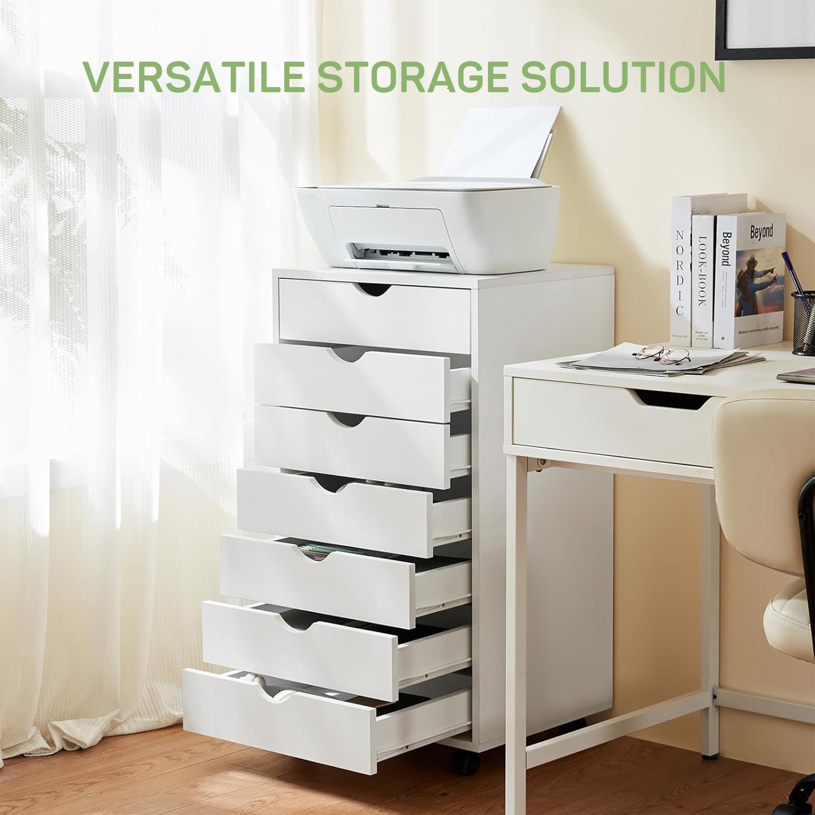 7-Drawer Wood File Cabinet with Wheels, Rolling Storage Organizer for Home Office, 18.74"W x 15.75"D x 34.25"H