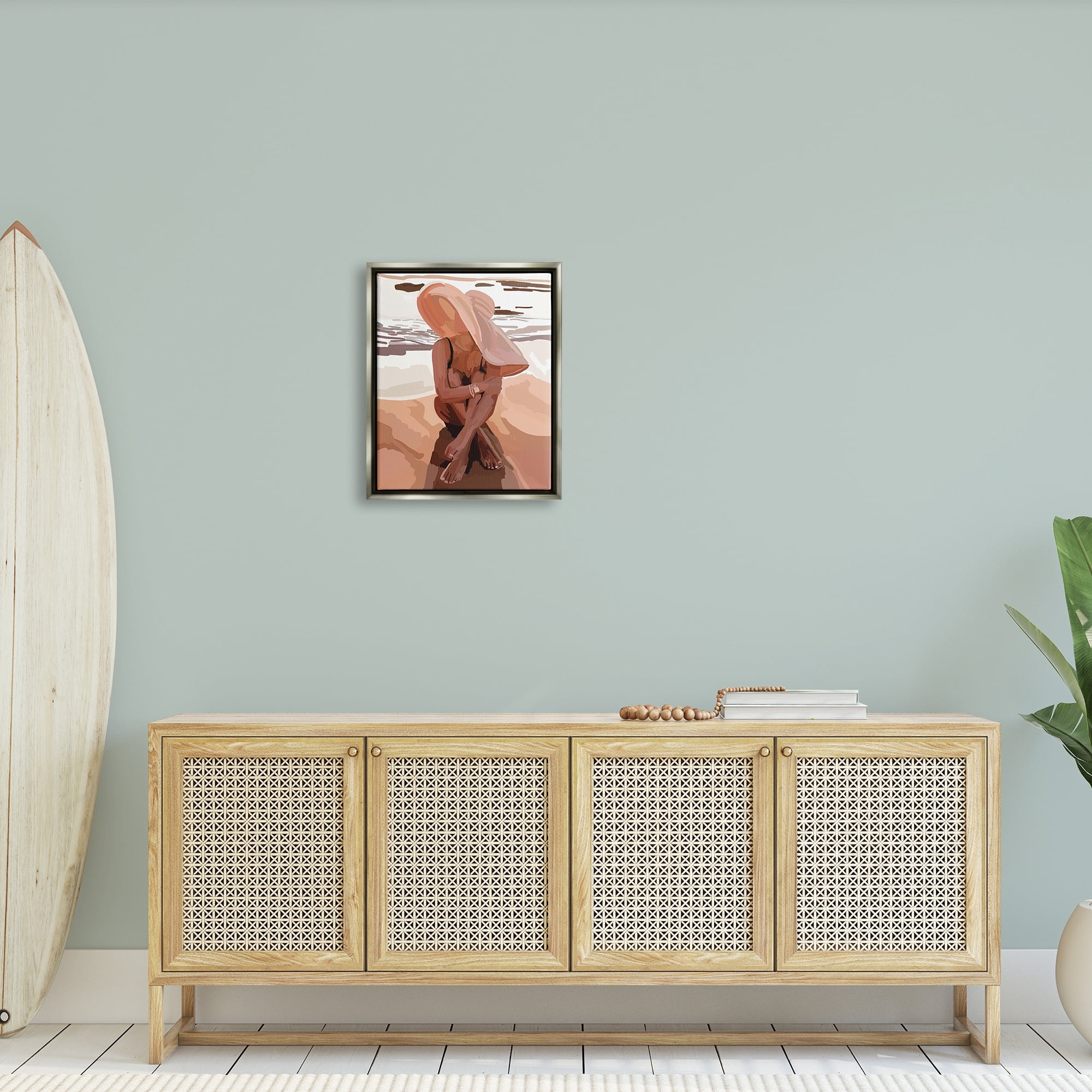 Stupell Industries Woman Sitting Enjoying Ocean Shore Summer Beach Graphic Art Luster Gray Floating Framed Canvas Print Wall Art, Design by Amelia Noyes