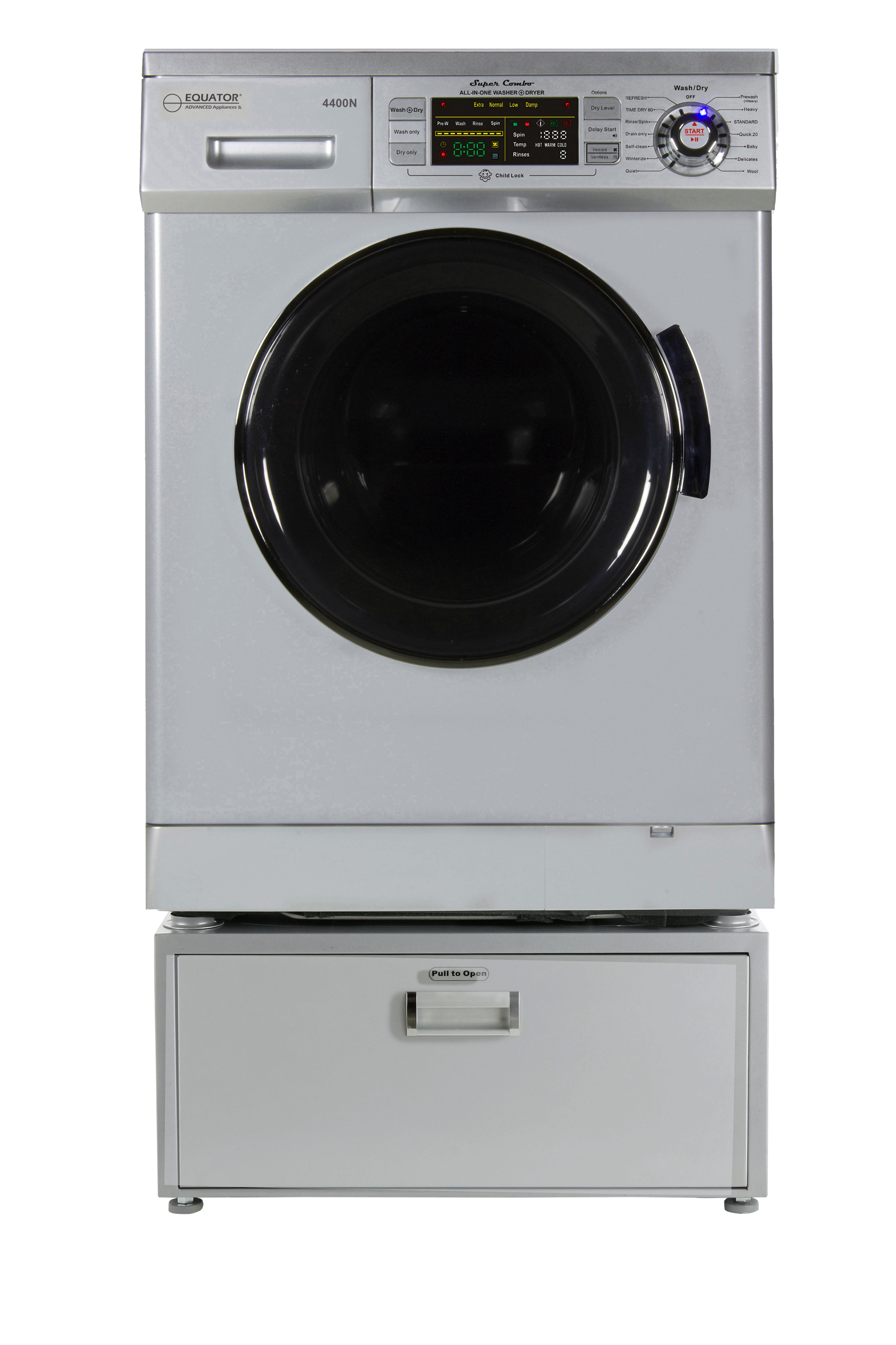 Equator EZ4400NPDL2831S Compact 13 lbs Combination Washer Dryer with Pedestal, Silver 2019 Equator EZ4400NPDL2831S Compact 13 lbs Combination Washer Dryer with Pedestal, Silver 2019
