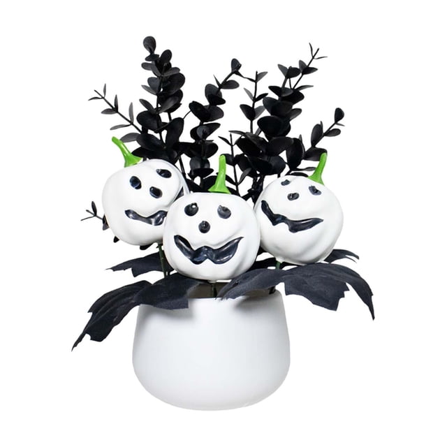 Centro de mesa de calabaza de Halloween, planta artificial en maceta, planta falsa Blanco