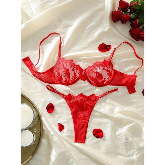 Red Lingerie Set Floral Lace