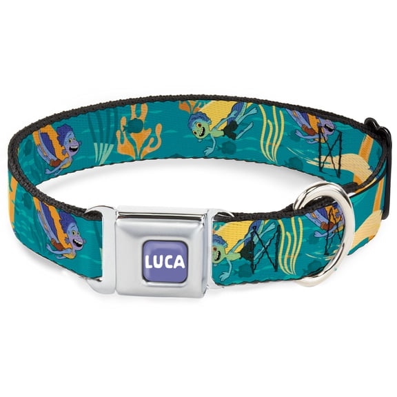 Disney Pet Collar, Dog Collar Metal Seatbelt Buckle, Luca and Alberto Sea Monsters Swimming Poses Blues, 9.5 to 13 Inches 1.0 Inch Wide