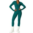 thumbnail image 2 of Women's Textured Yoga Bodysuit, Long Sleeve Zipper Front Yoga Suit with Waist Cinching Design, Sculpting Tight Bodysuit for Yoga, Workout, Gym and Casual Athleisure Wear Blackish Green, 2 of 7