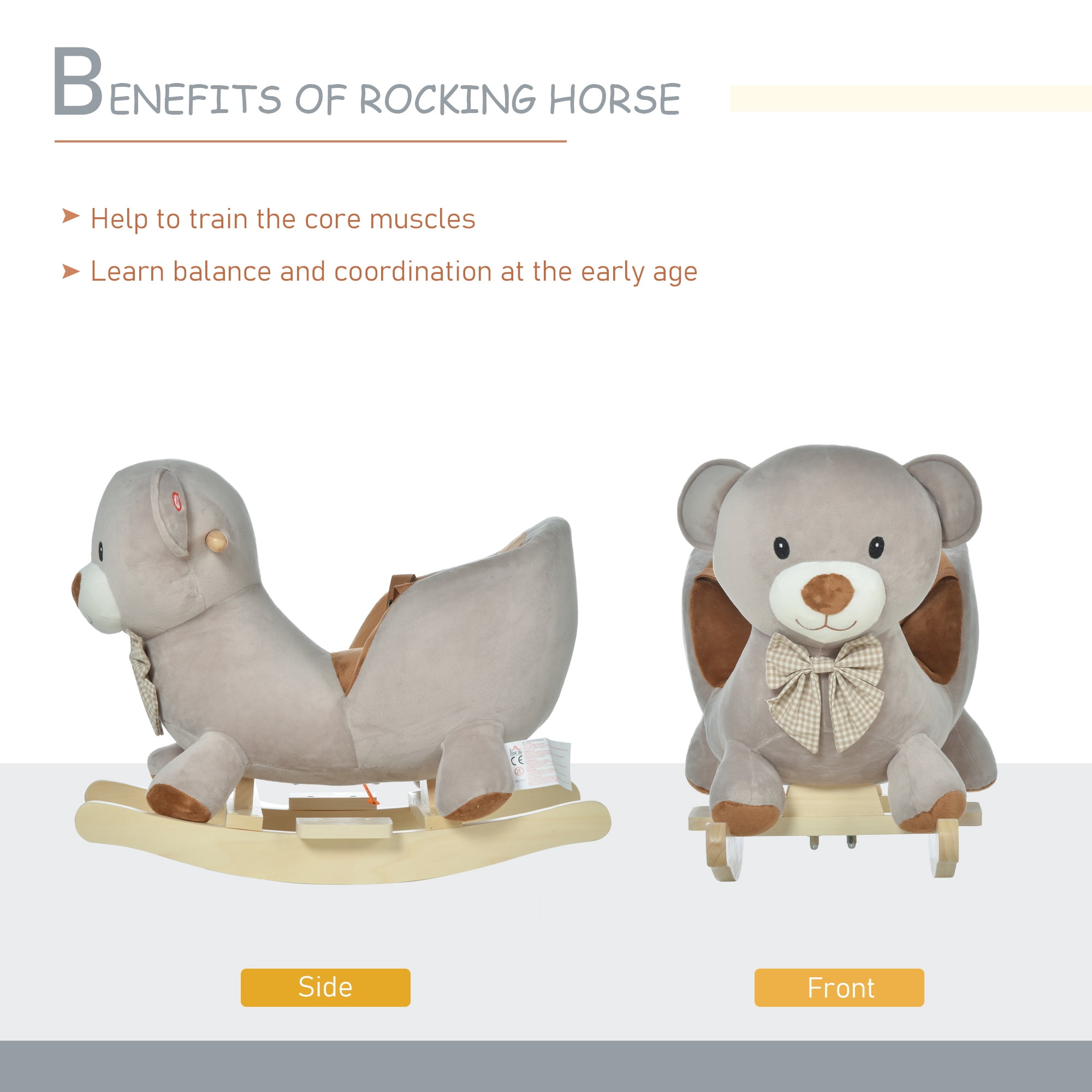 Qaba Kids Rocking Horse, Bear-Shaped Plush Ride on Horse with Sound, Wooden Base & Safety Belt for 18-36 Months, Gray