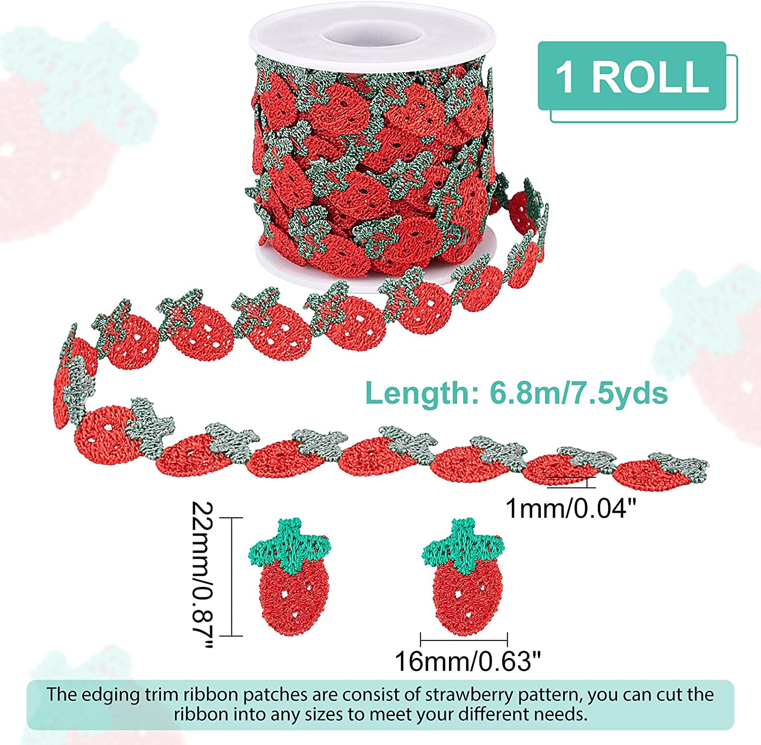arricraft Strawberry Decorating Lace Trim Ribbons 7.5 Yard ×5/8 Fruit  Style Polyester DIY Ribbon for Sewing Craft Decoration 
