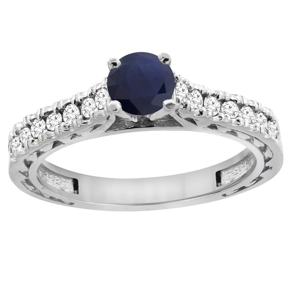 14K White Gold Natural Blue Sapphire Round 5mm Engraved Engagement Ring Diamond Accents, size 8.5