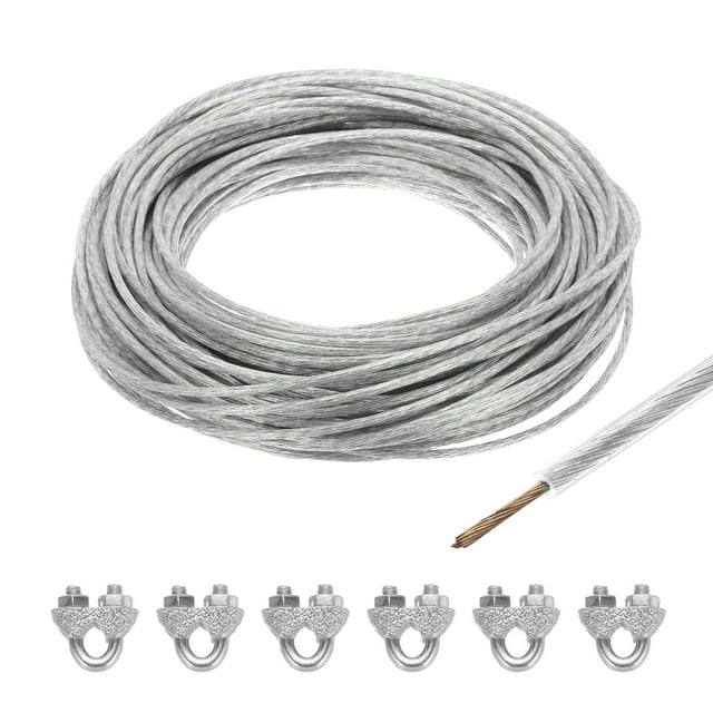 Uxcell 1/8 Clear Vinyl Coated Wire Ropes 98ft Galvanized Steel with 6PCS M3 Loop Sleeves